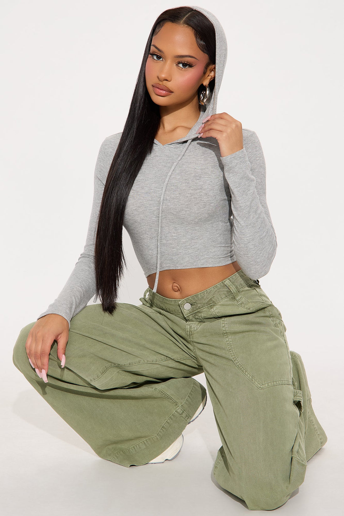 Livia Long Sleeve Ribbed Hooded Top - Heathered Grey