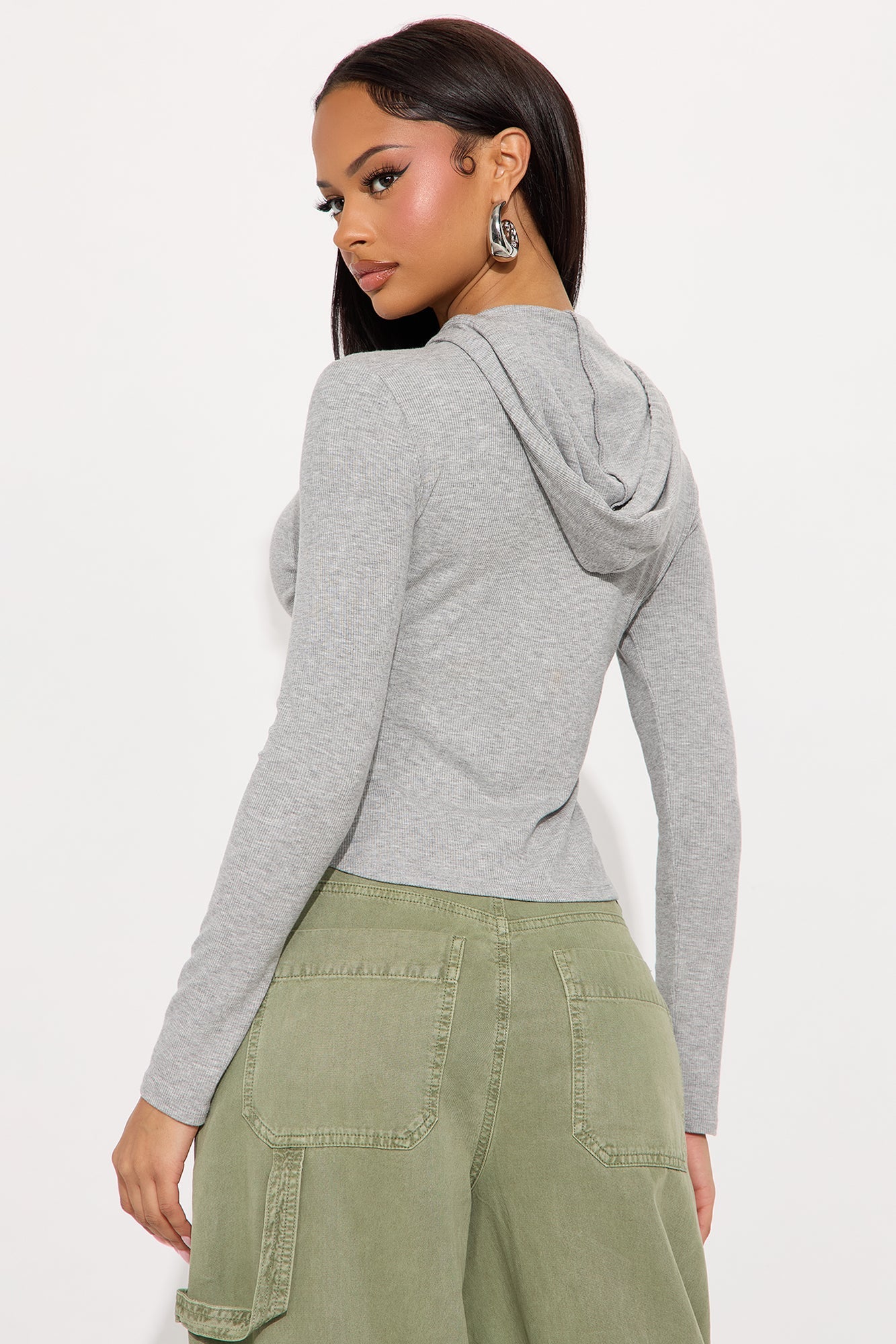 Livia Long Sleeve Ribbed Hooded Top - Heathered Grey