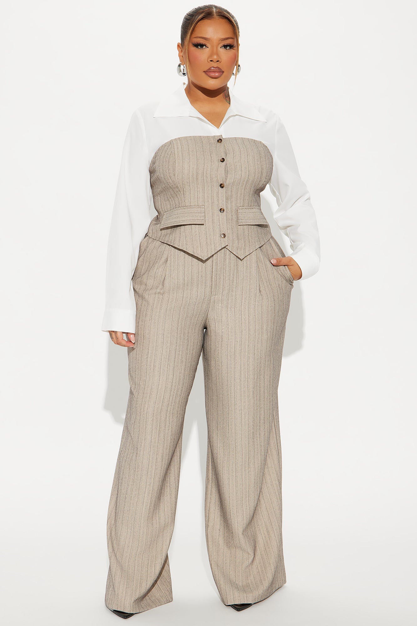 In Attendance Pinstripe Wide Leg Pant Set - Taupe