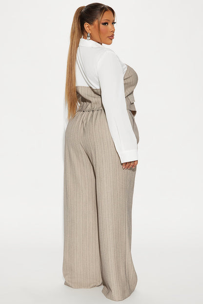 In Attendance Pinstripe Wide Leg Pant Set - Taupe