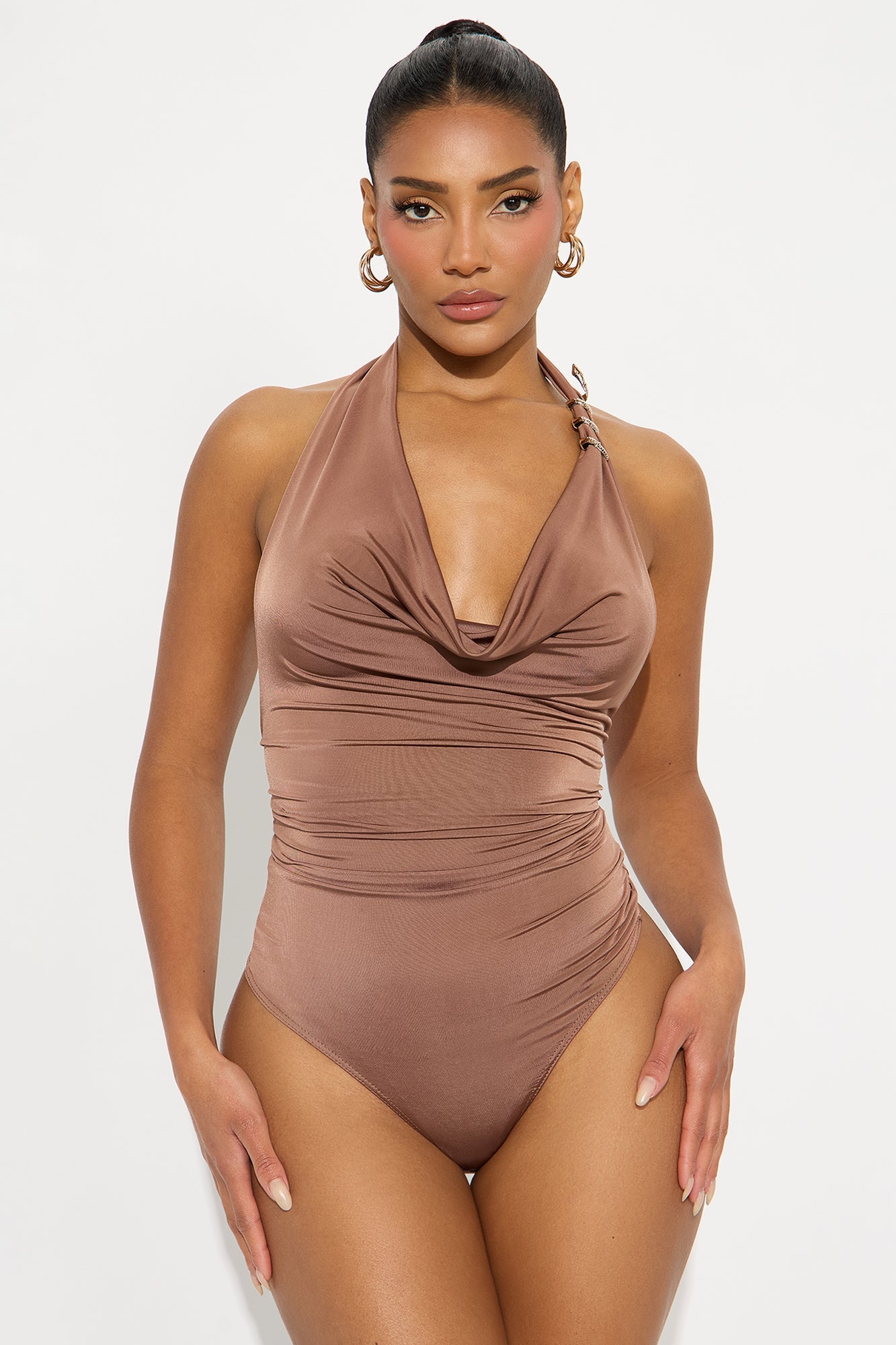 Snake Cowl Neck Halter Bodysuit - Chocolate