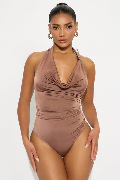 Snake Cowl Neck Halter Bodysuit - Chocolate
