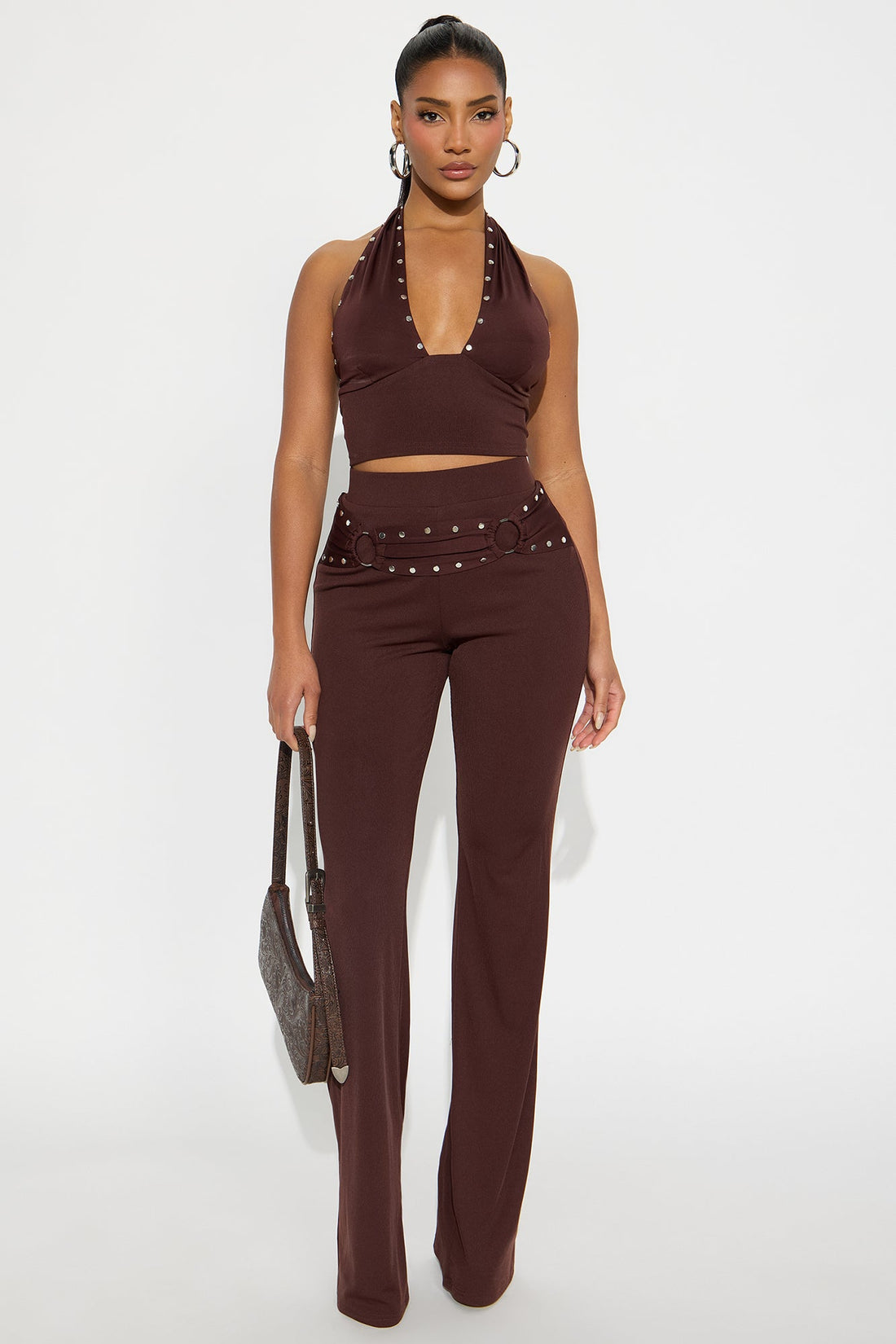 Studded Behavior Ribbed Pant Set - Brown