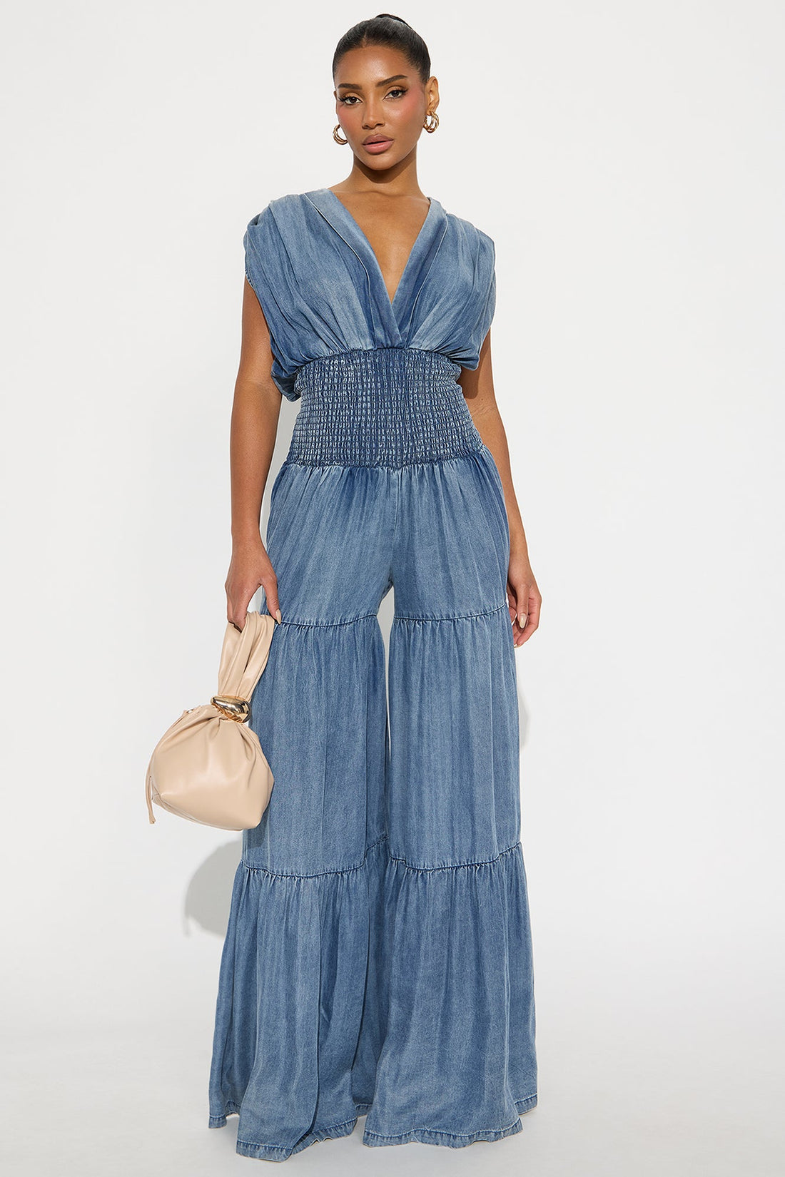 Angela Chambray Tiered Jumpsuit - Medium Wash