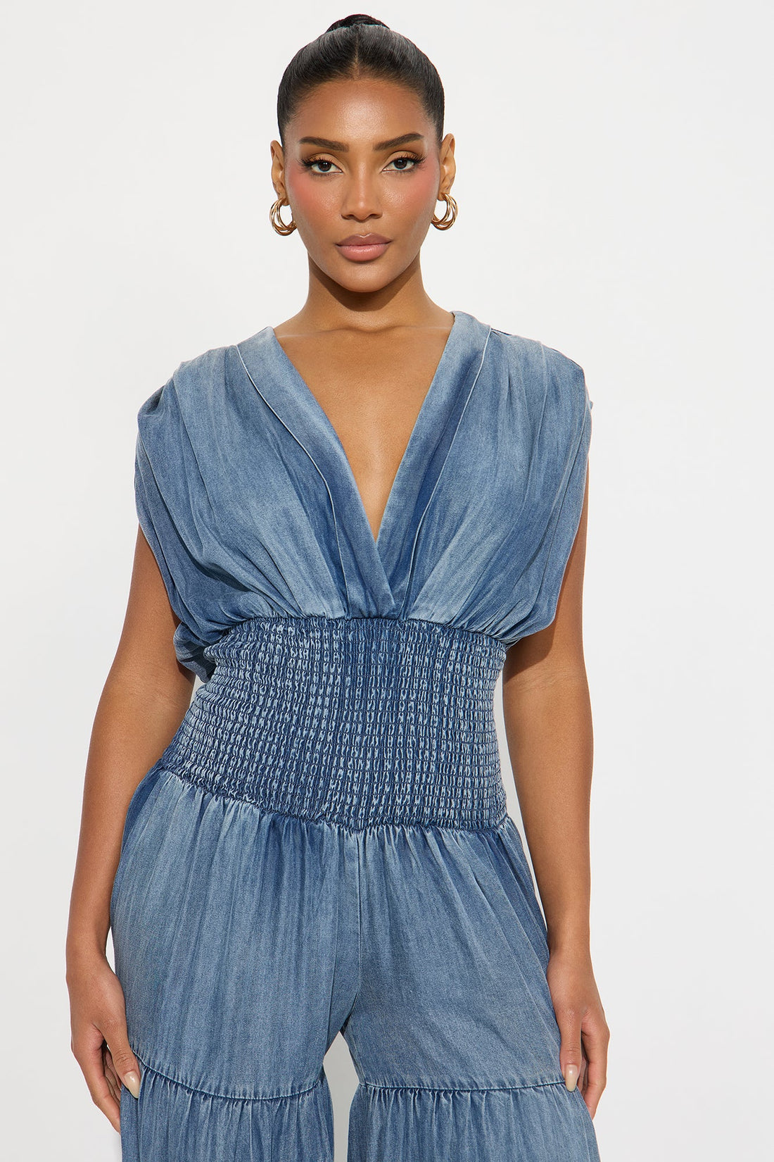 Angela Chambray Tiered Jumpsuit - Medium Wash