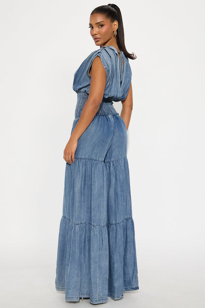 Angela Chambray Tiered Jumpsuit - Medium Wash