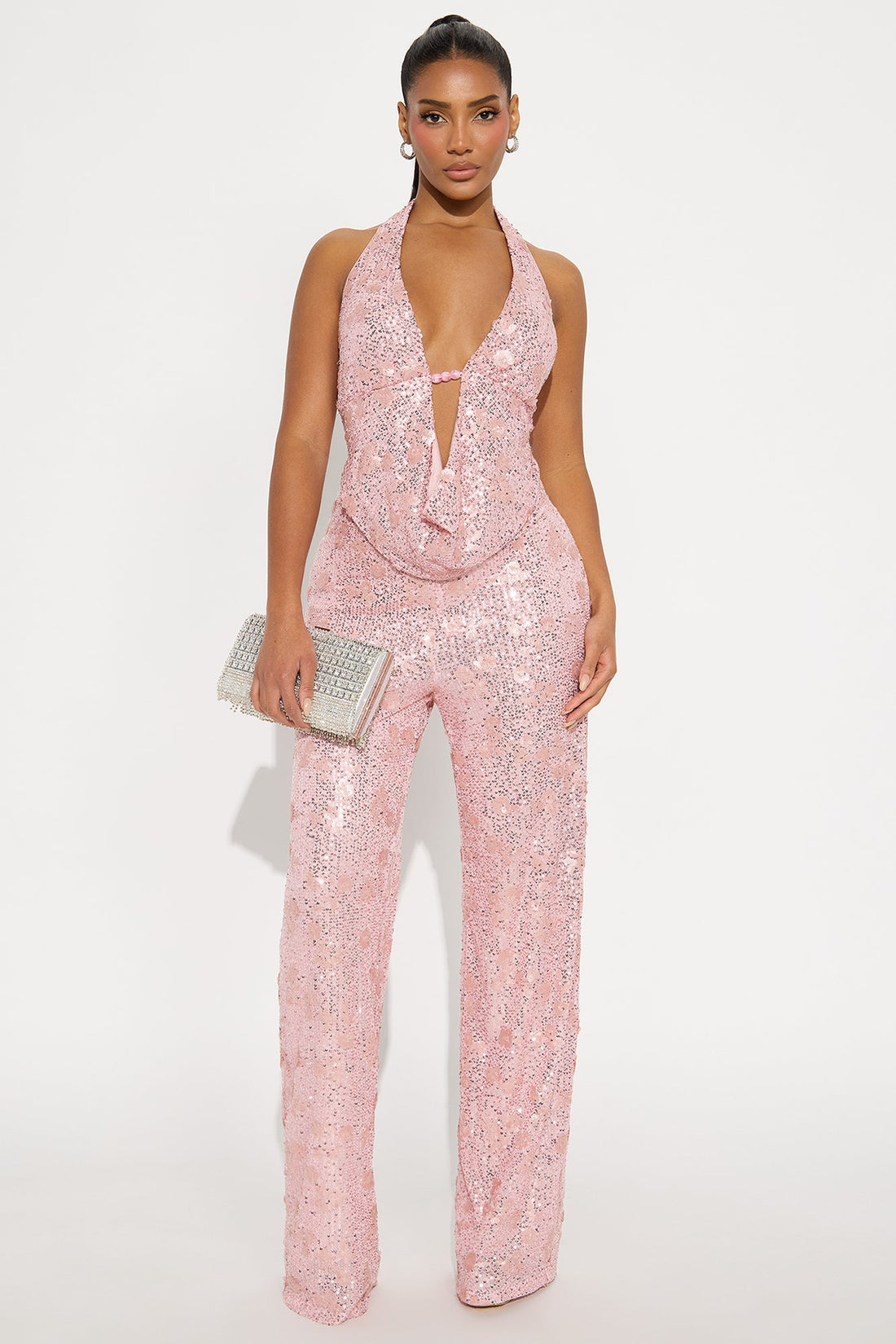 Natalia Sequin Halter Jumpsuit - Pink