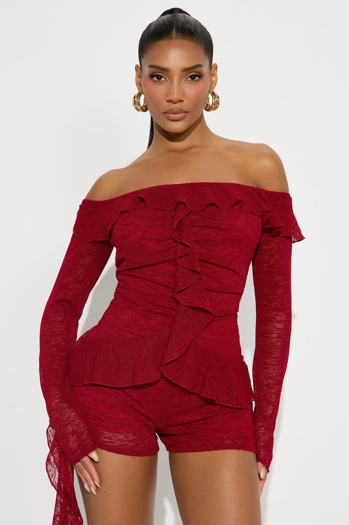 Wait For It Ruffle Long Sleeve Romper - Red