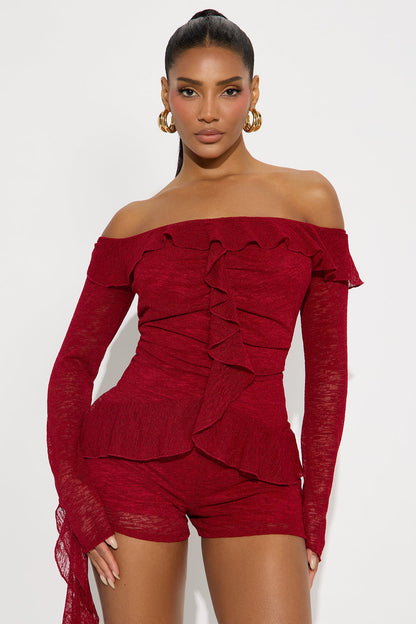 Wait For It Ruffle Long Sleeve Romper - Red