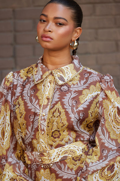 Darlington Belted Chiffon Shirt Mini Dress - Brown/combo
