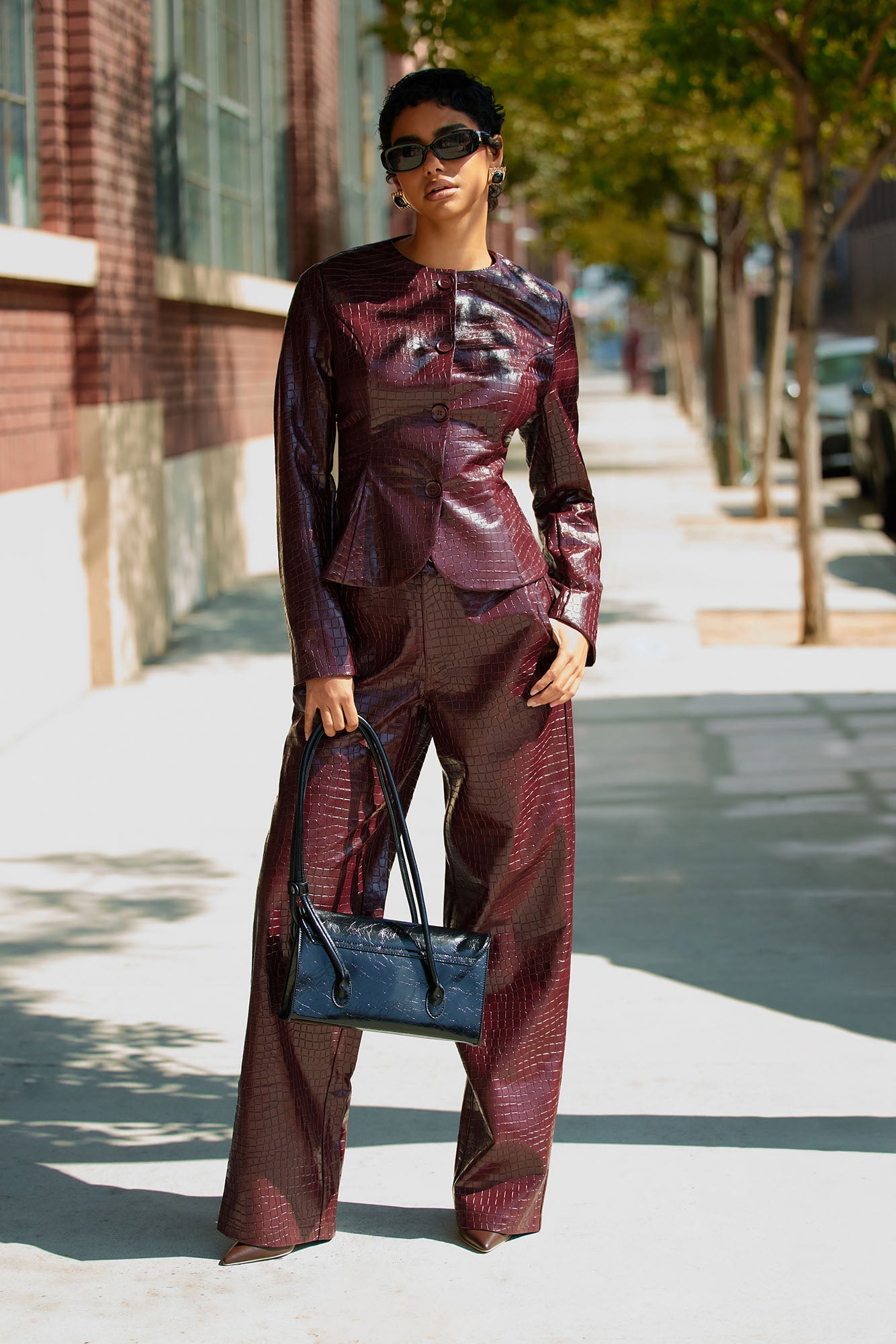 Gianna Fitted Faux Leather Blazer - Burgundy