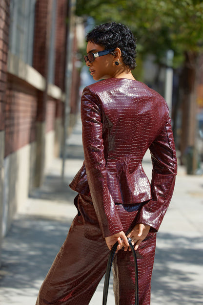 Gianna Fitted Faux Leather Blazer - Burgundy