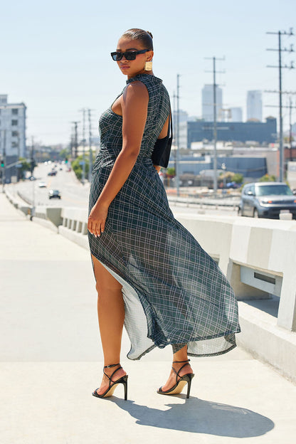 Hailie Plaid Mesh Maxi Dress - Green/combo