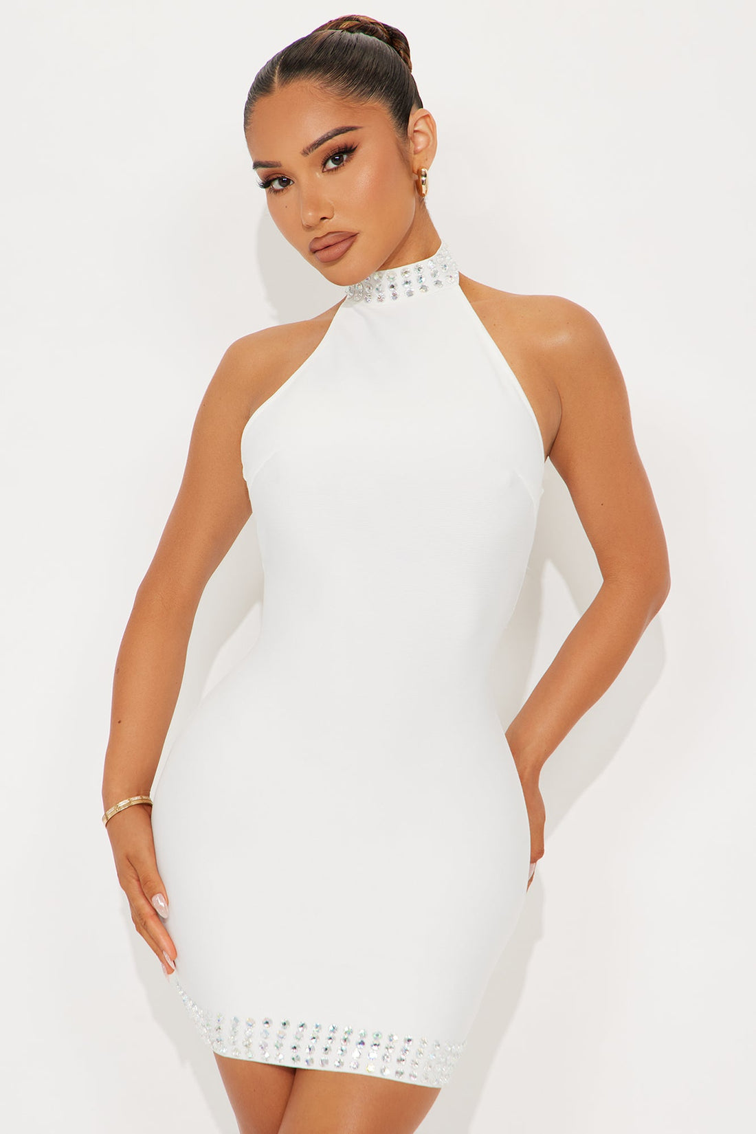 Bling Bling Rhinestone Bandage Mini Dress - White