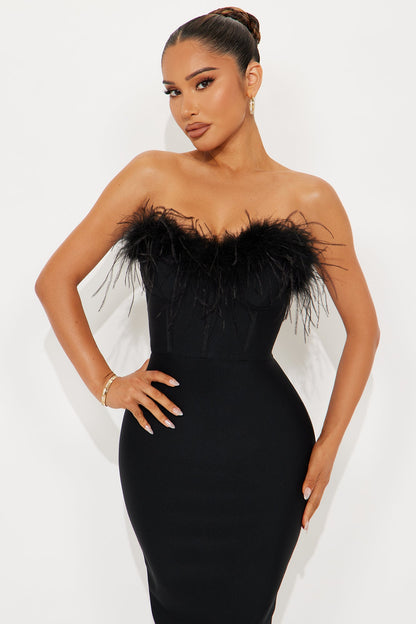 Reina Feather Corset Bandage Midi Dress - Black