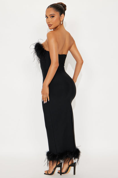 Reina Feather Corset Bandage Midi Dress - Black