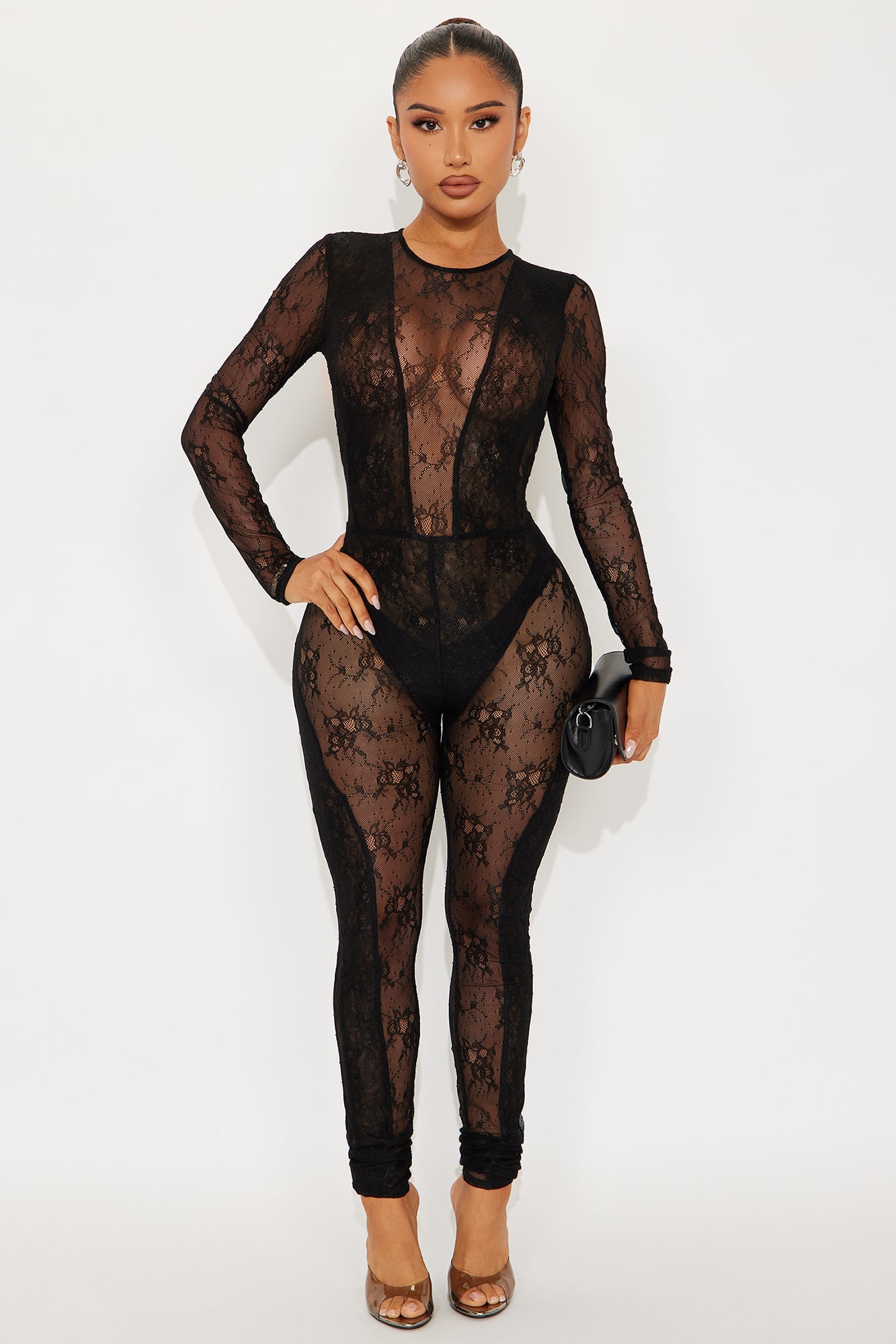 Eyes On Me Lace Long Sleeve Jumpsuit - Black
