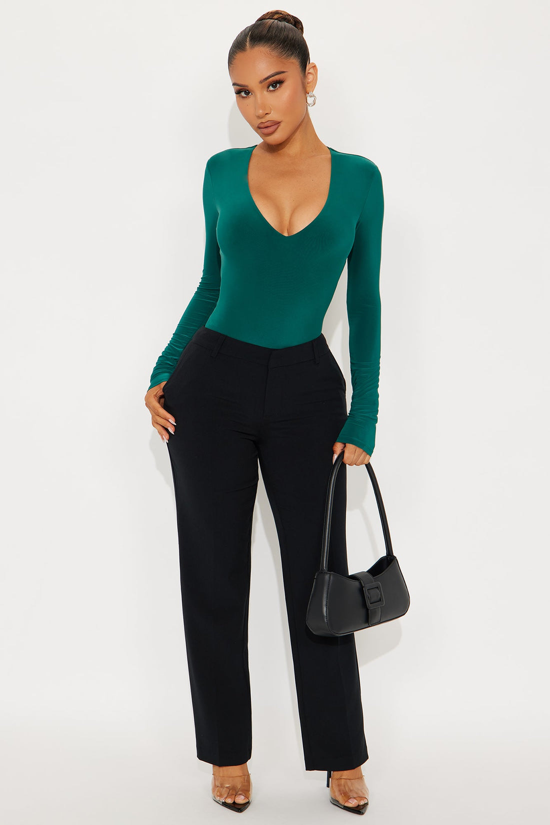 Take The Plunge Lined Long Sleeve Bodysuit - Hunter Green