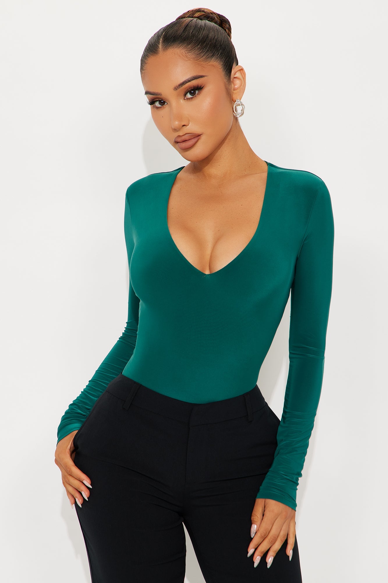 Take The Plunge Lined Long Sleeve Bodysuit - Hunter Green