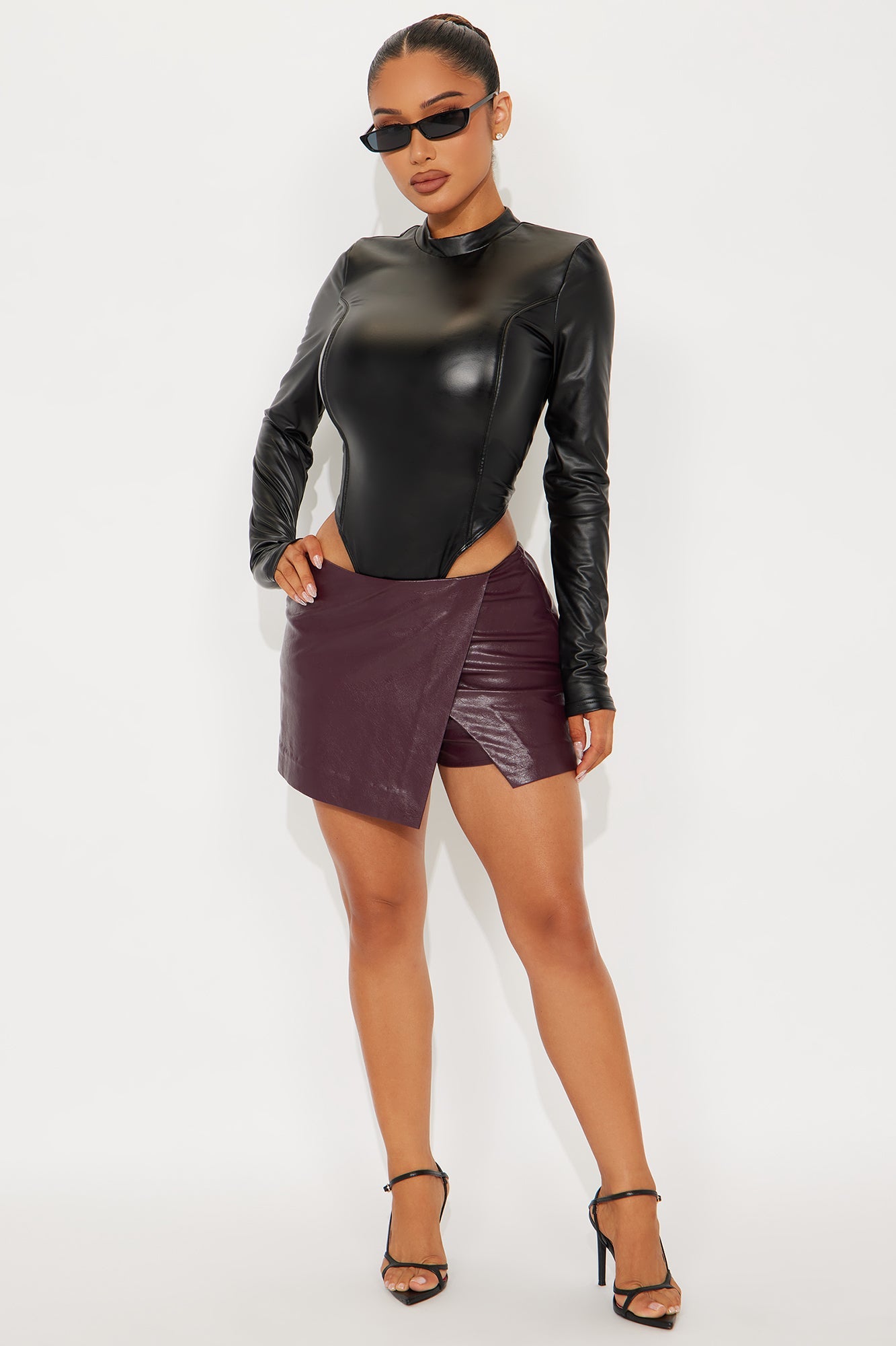 Off Script Faux Leather Long Sleeve Bodysuit - Black