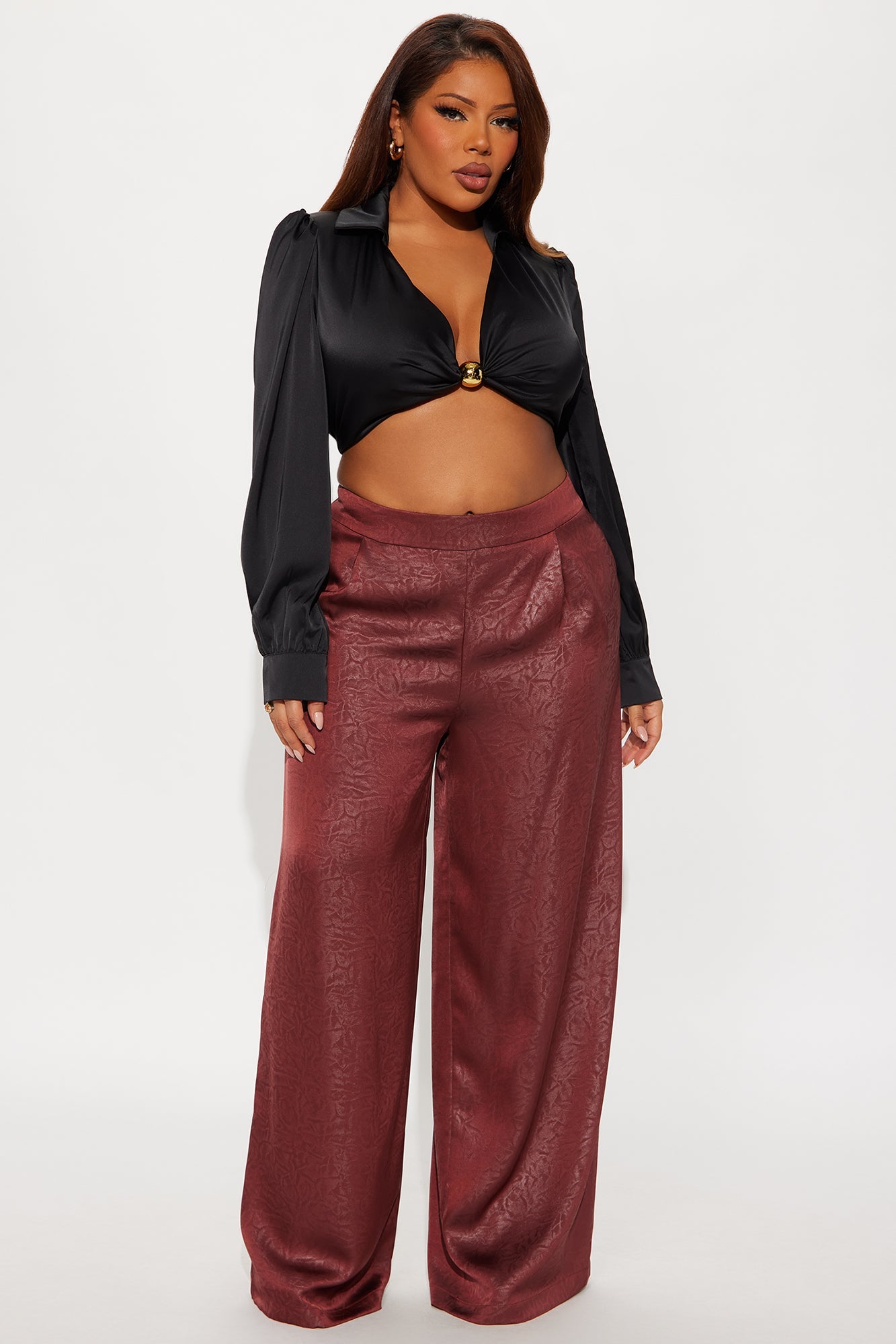 Sydney Textured Satin Wide Leg Pant 33 - Wine