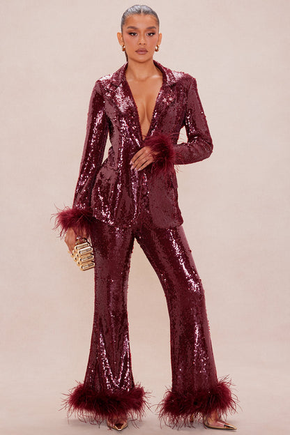 Sienna Feathered Sequin Blazer - Burgundy