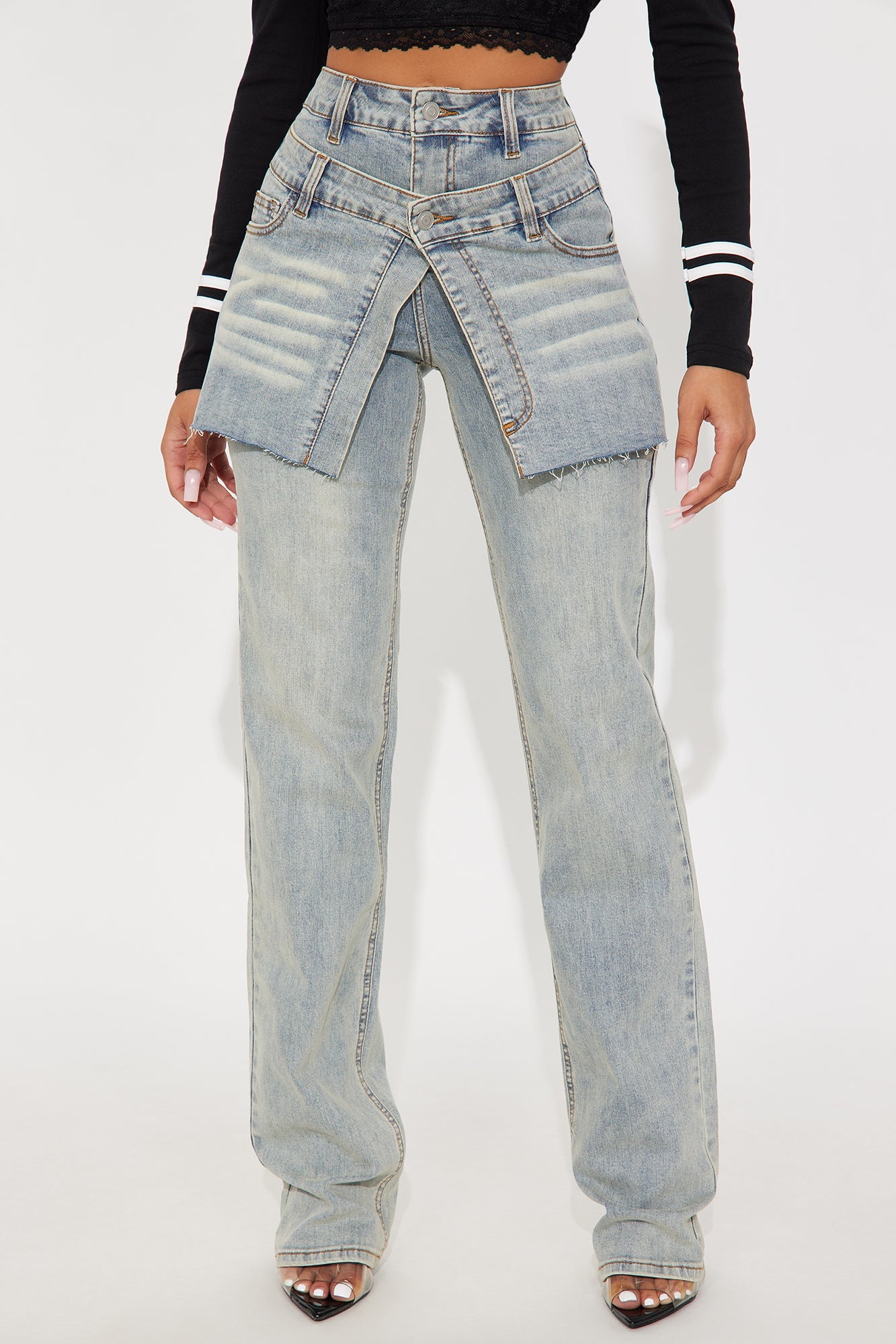 Double Take Skirted Straight Leg Jeans - Vintage Wash