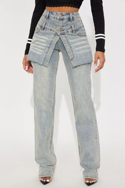 Double Take Skirted Straight Leg Jeans - Vintage Wash
