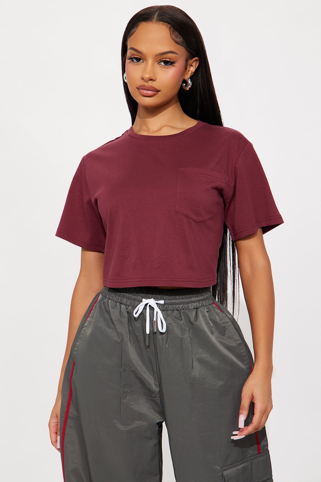Elisa Relaxed Crop Tee - Burgundy