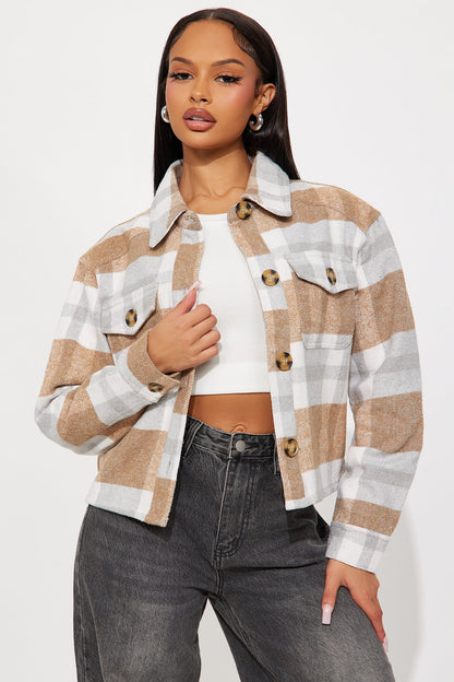 Harvest Bloom Plaid Shacket - Camel