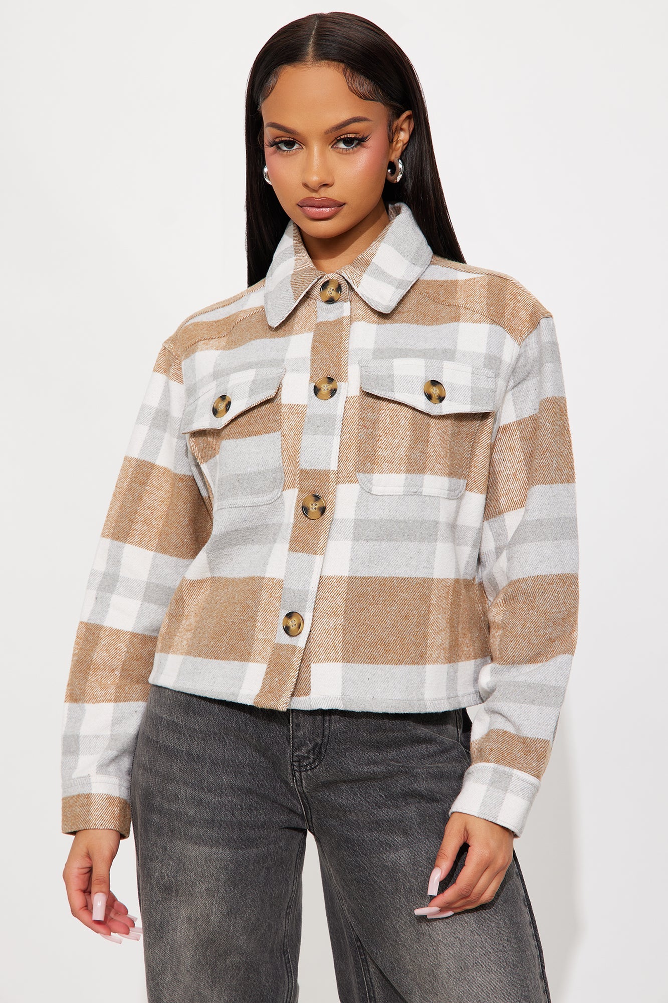 Harvest Bloom Plaid Shacket - Camel