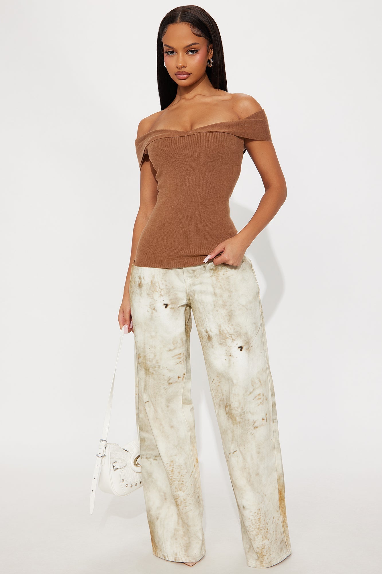 Take Me With You Off Shoulder Sweater Top - Mocha