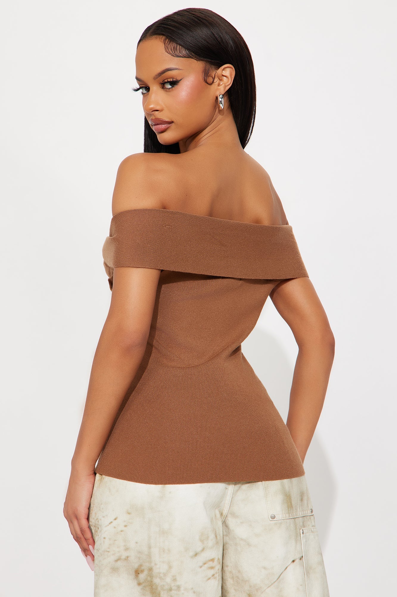 Take Me With You Off Shoulder Sweater Top - Mocha