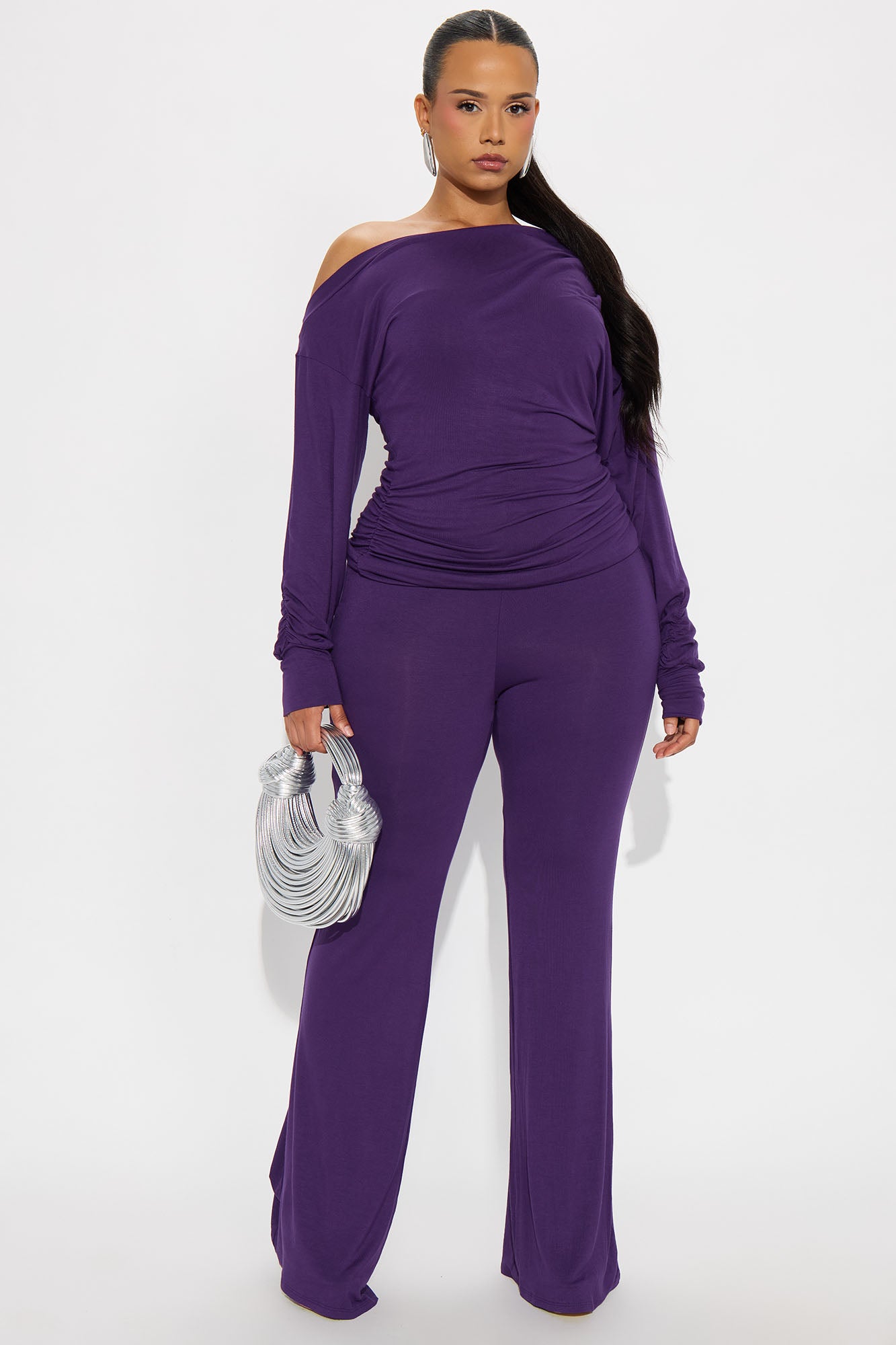 Solana Off Shoulder Pant Set - Eggplant
