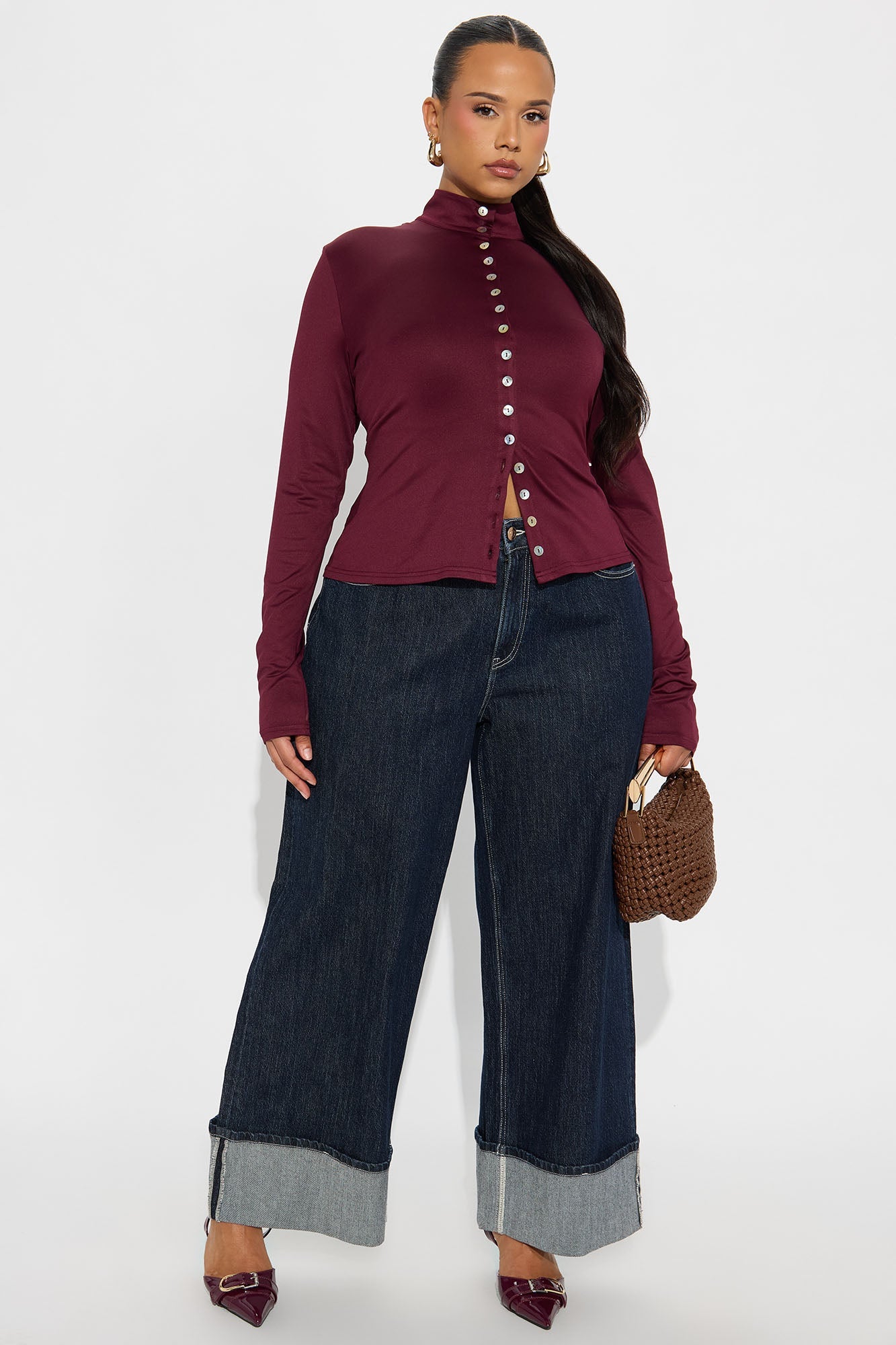 Mercy Button Up Mock Neck Top - Plum