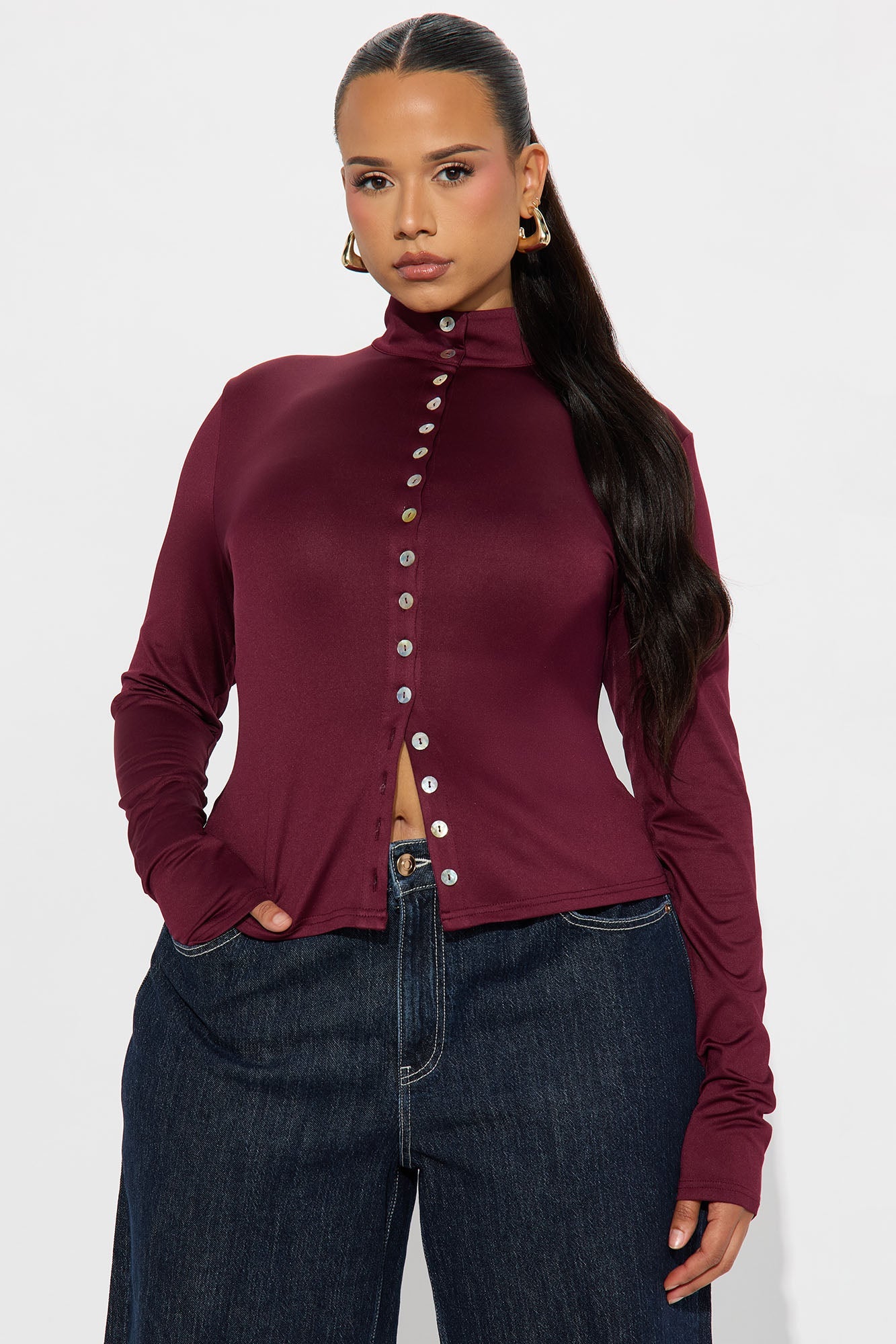 Mercy Button Up Mock Neck Top - Plum
