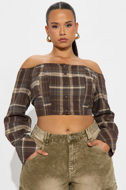Beeba Plaid Off Shoulder Top - Brown/combo