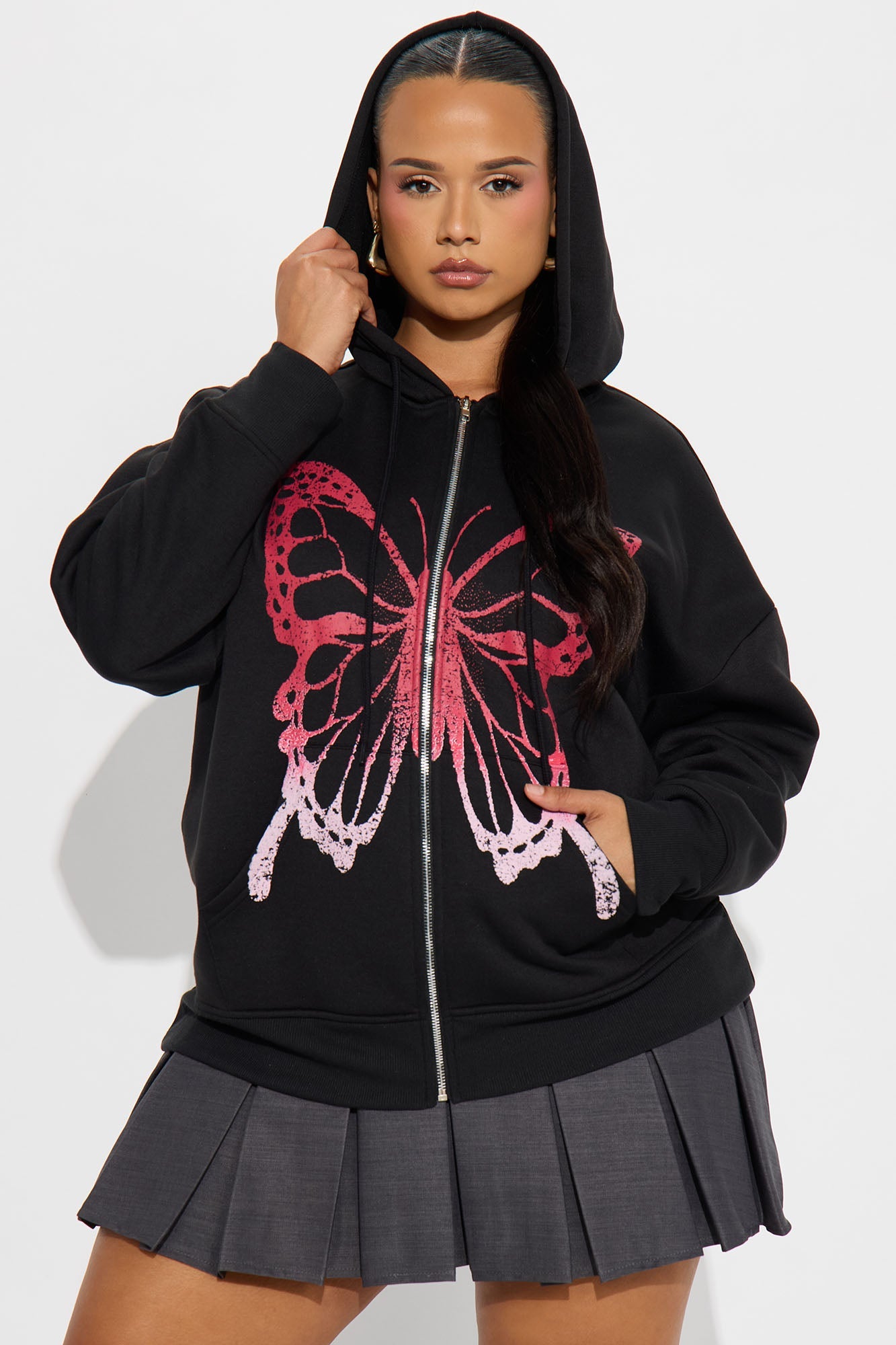 Bianca Ombre Butterfly Full Zip Hoodie - Black