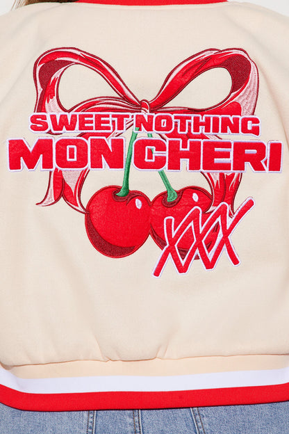Mon Cheri Cropped Varsity Jacket - Taupe/combo