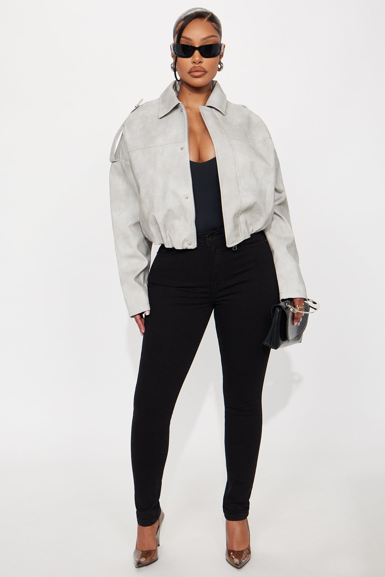 Chelsea Washed Faux Suede Bubble Jacket - Light Grey