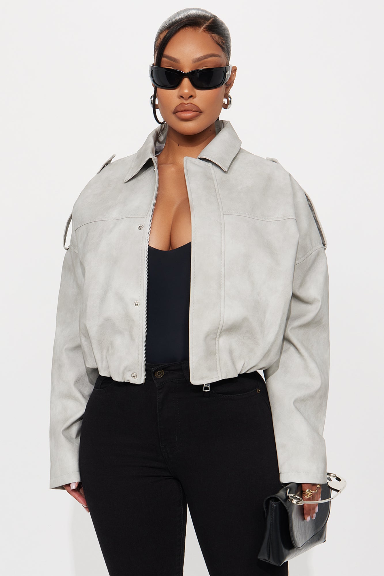 Chelsea Washed Faux Suede Bubble Jacket - Light Grey