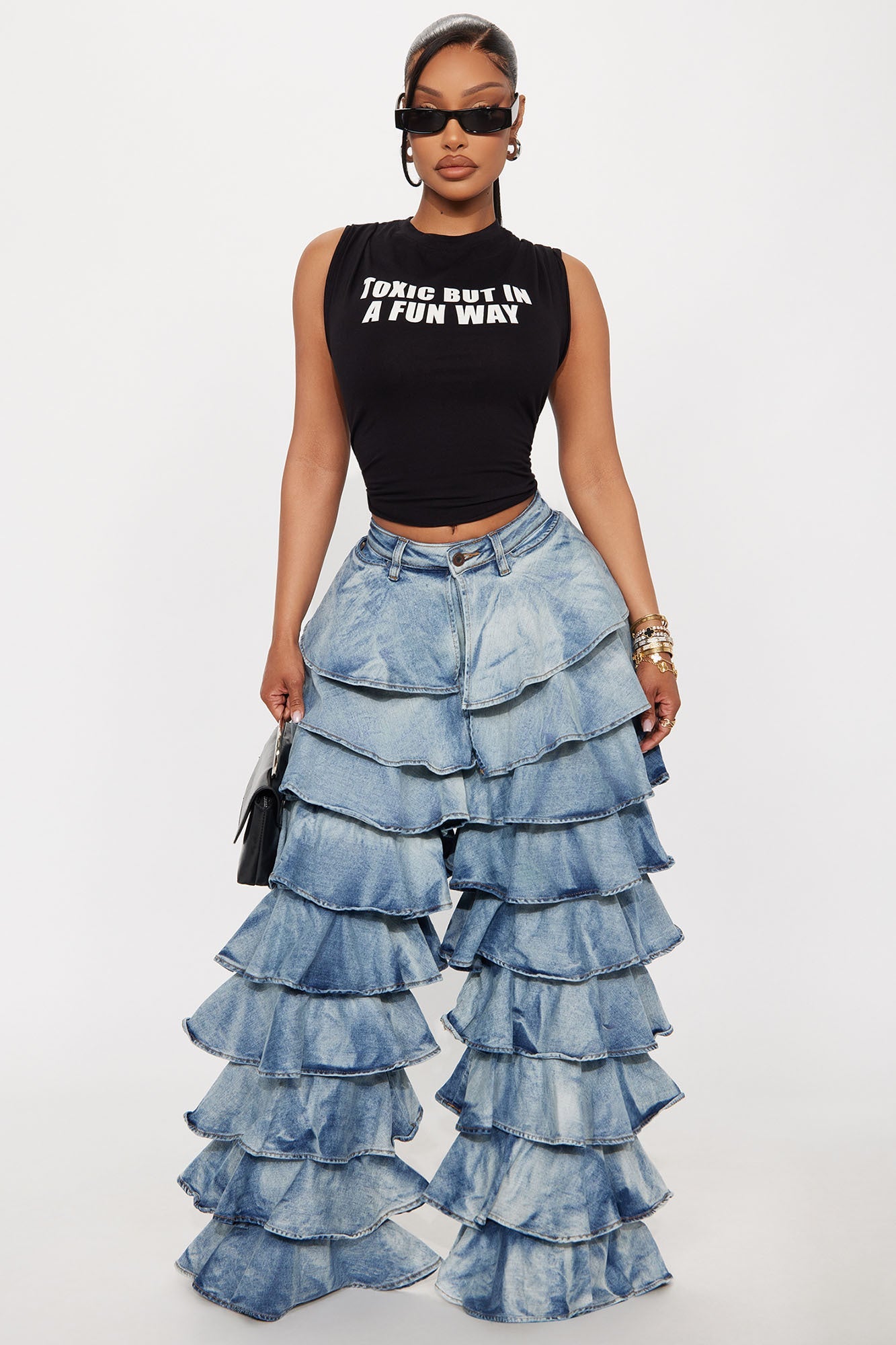 In My Groove Ruffled Wide Leg Jeans - Medium Wash
