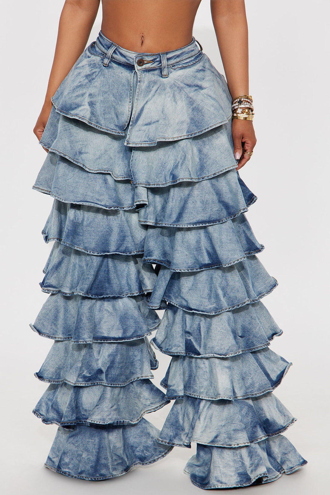 In My Groove Ruffled Wide Leg Jeans - Medium Wash