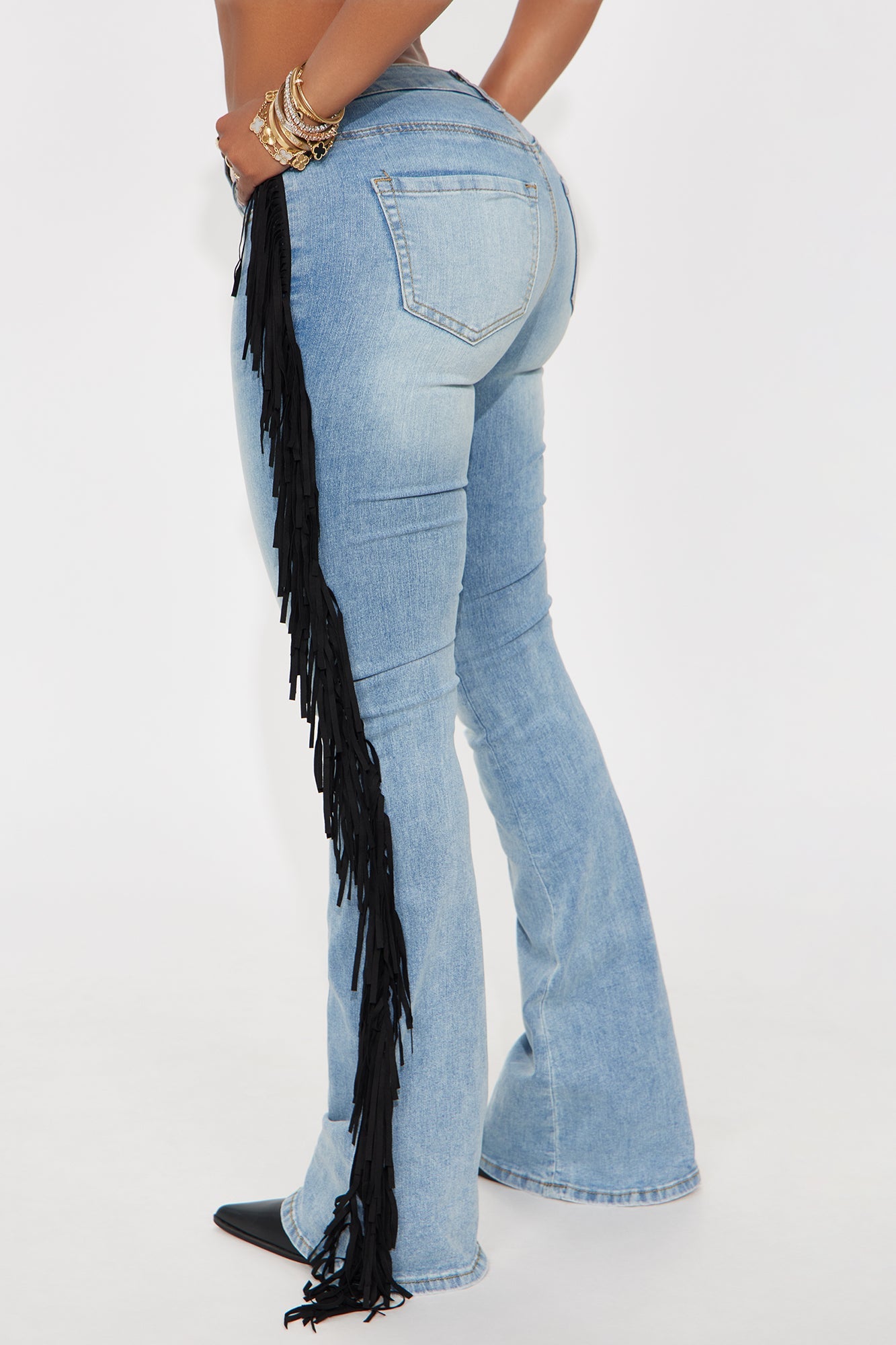 Out West Low Rise Fringe Flare Jeans - Vintage Wash