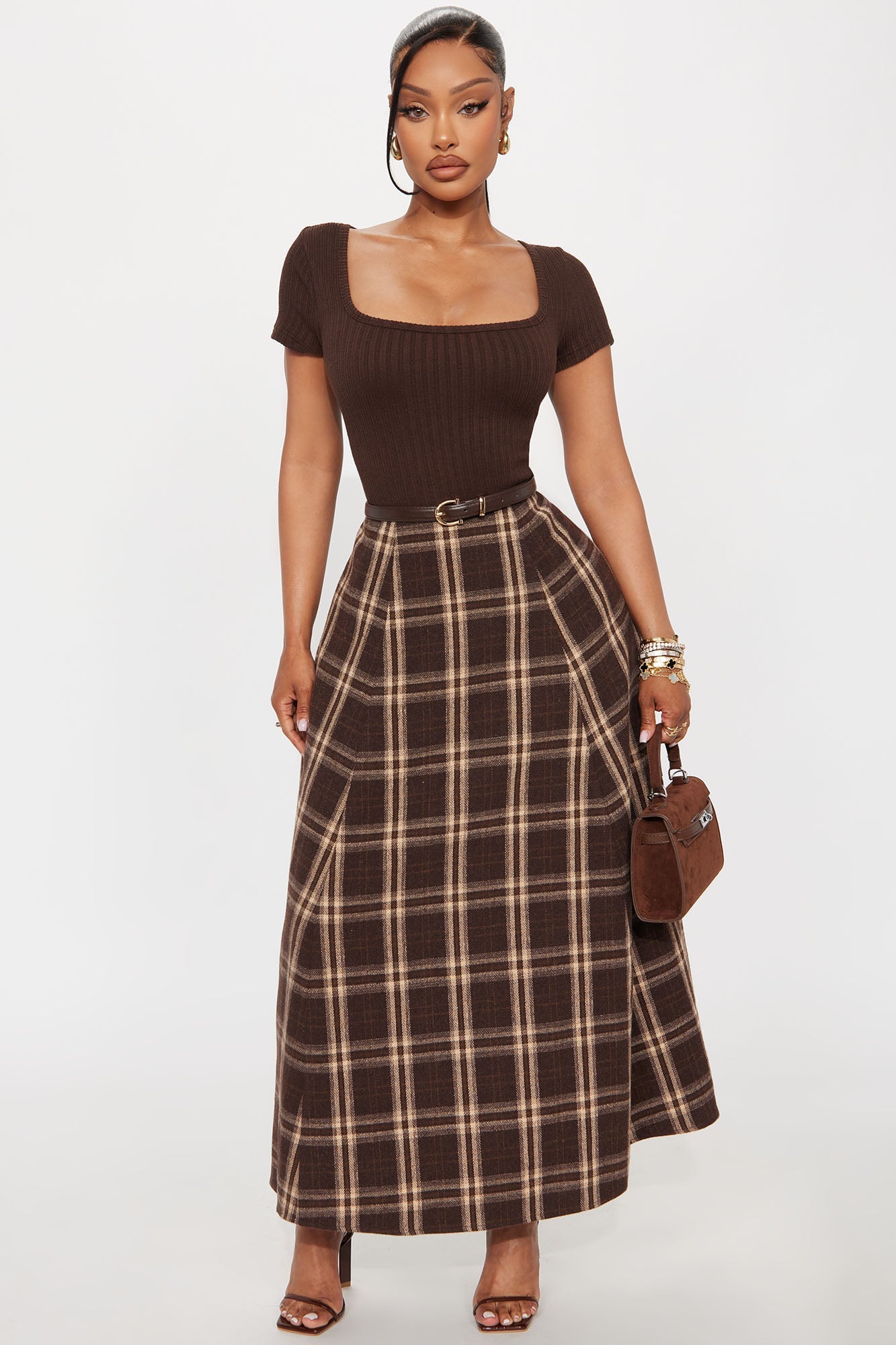 Daphne Plaid Belted Maxi Dress - Brown/combo