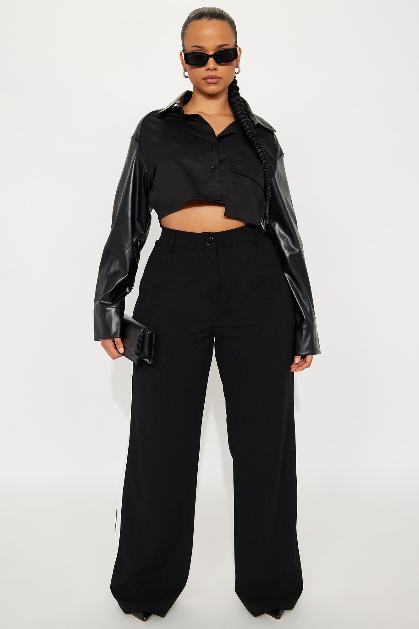 Hey Way Poplin Contrast Faux Leather Shirt - Black