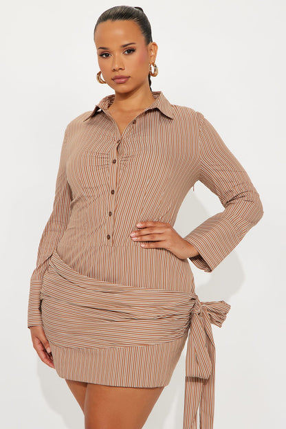 Bria Draped Pinstripe Shirt Mini Dress - Taupe