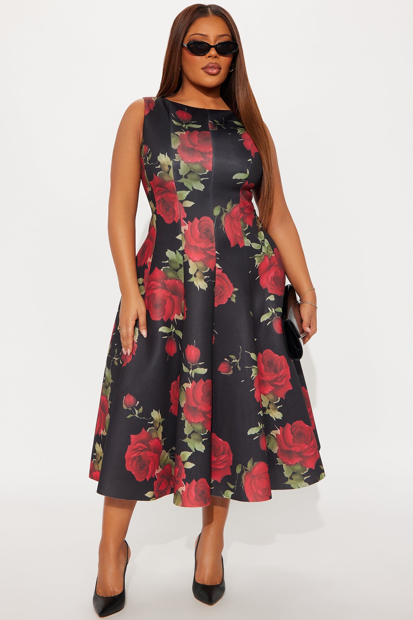 Sweet Sunday Pleated Floral Midi Dress - Red/combo