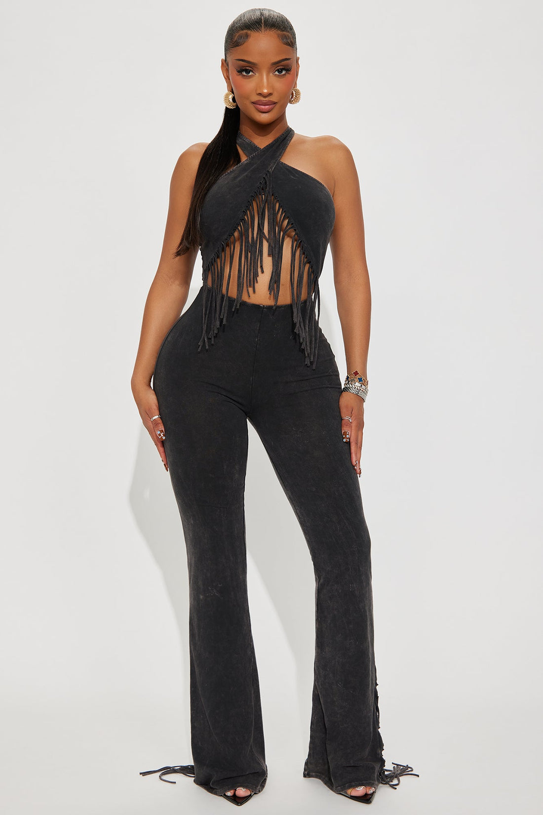 Leah Washed Fringe Halter Jumpsuit - Charcoal