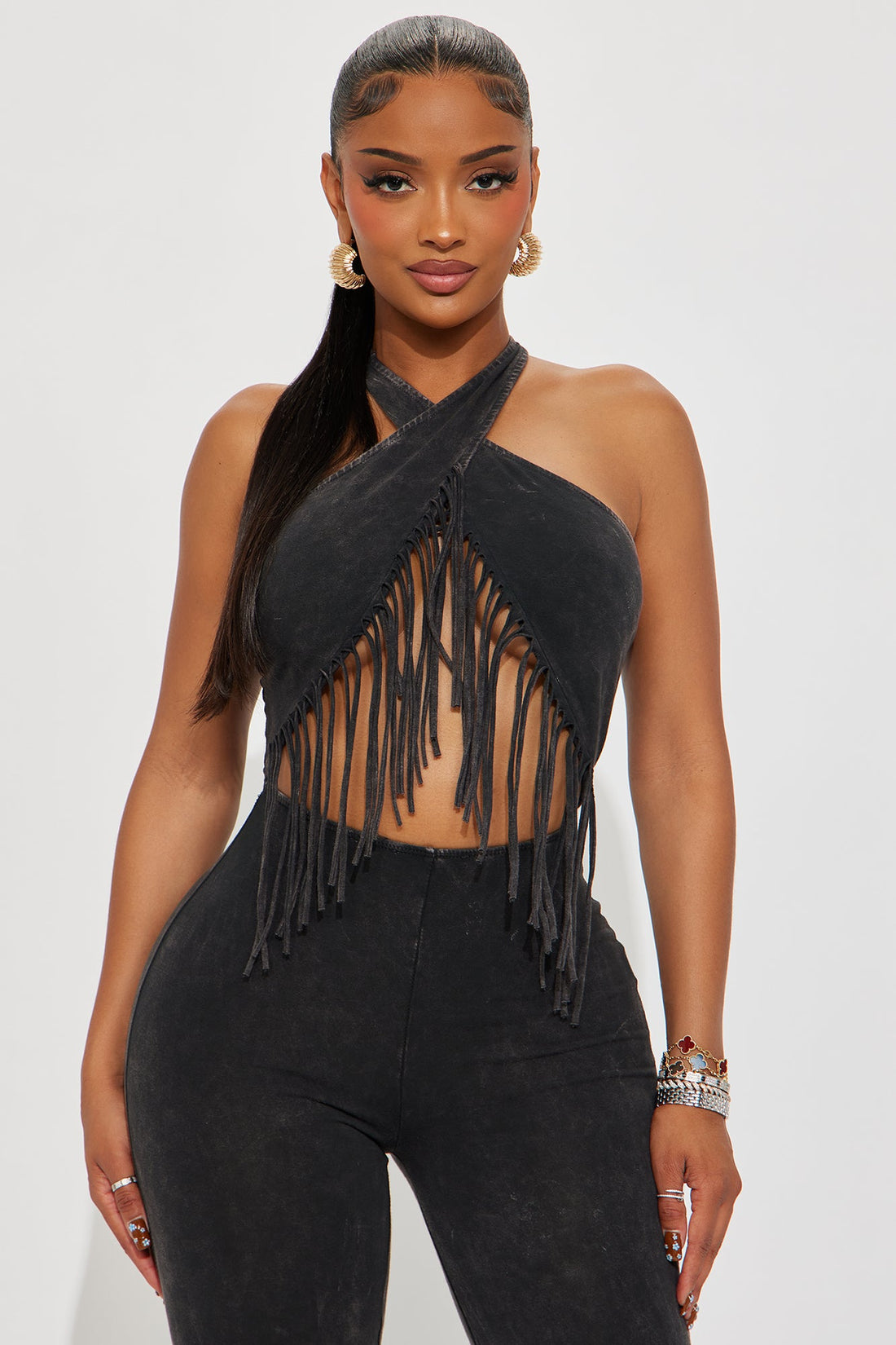 Leah Washed Fringe Halter Jumpsuit - Charcoal